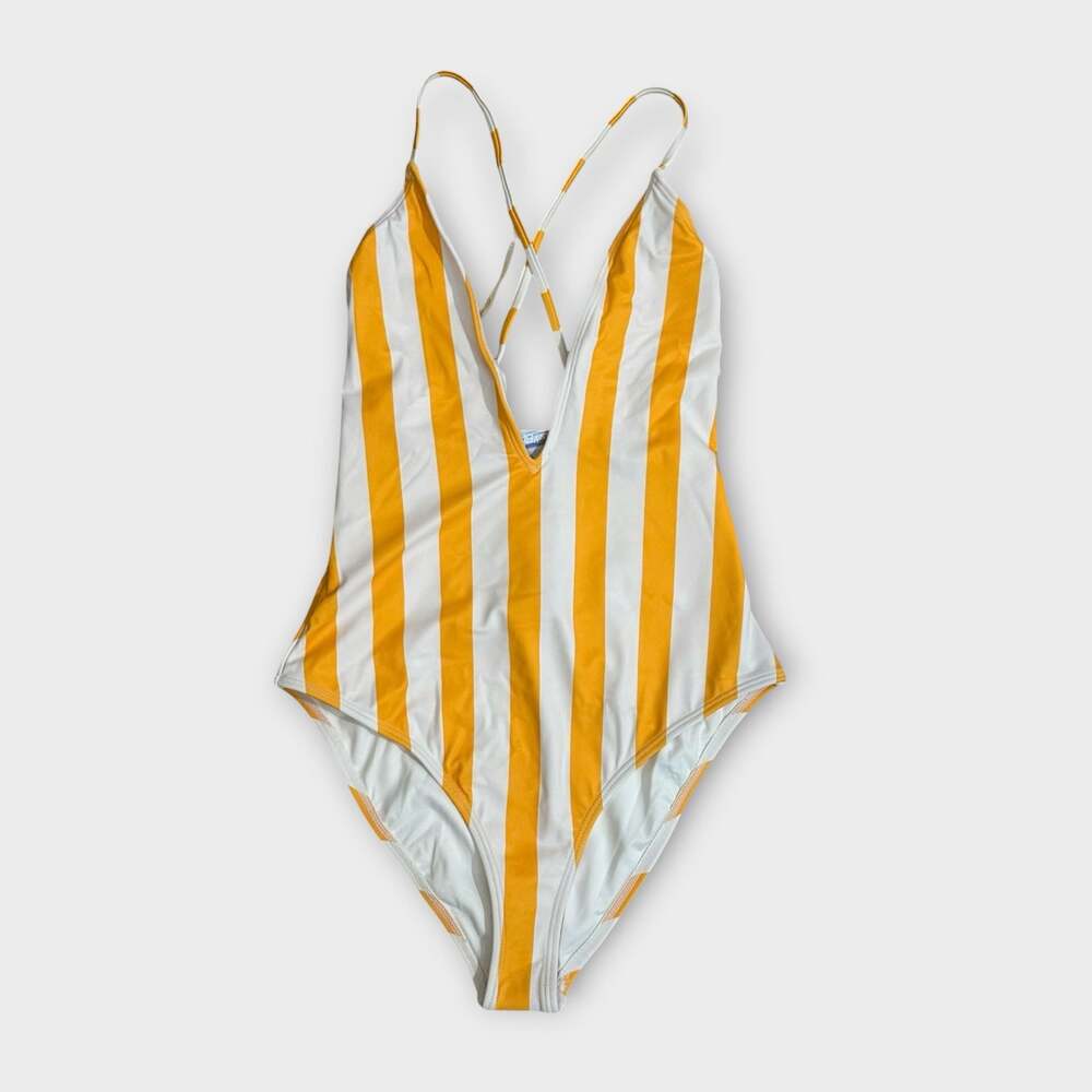 Yellow and White Vertical Cabana Striped One-Piece Swimsuit Small Forever 21